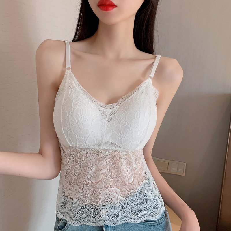 maoxiangshop Hollow Out Lace Butterfly Back Camisole With Bra Women Sexy Padded Black White Tank Crop Tops Female Camis Summer