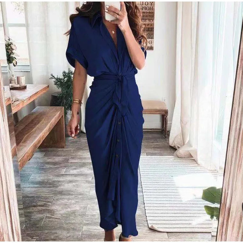 maoxiangshop Women Summer Elegant Button Ruched Bandage Shirt Dress Fashion Casual Short Sleeve Solid V Neck Beach Maxi Dress