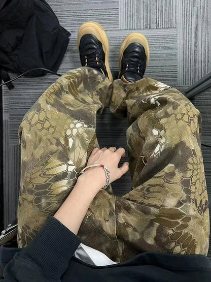 maoxiangshop Snake Animal Print Camouflage Pants for Men Wide Leg Jeans Demin Trousers Male Streetwear  Hip Hop Vintage Casual