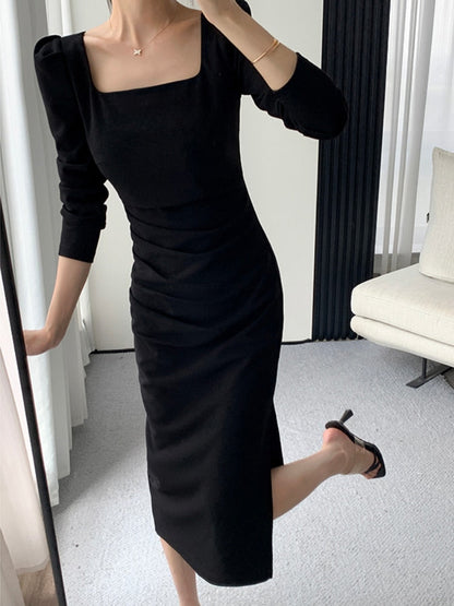 maoxiangshop Square Collar Solid Wedding Maxi Dresses for Women Office Lady Bodycon Midi Dress Elegant Korea Fashion Clothes Autumn Robe