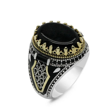 maoxiangshop Retro Handmade Turkish Signet Rings for Men Ancient Silver Color Carved Ring Mystic Zircon Inlay New Punk Motor Biker Ring