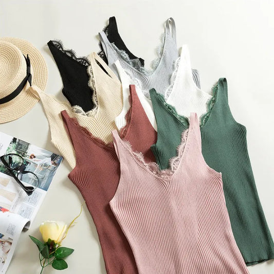 maoxiangshop Women Hook Flower Lace Tank solid Stitching V-neck Camis Female Knitted Short Slim Sleeveless Shirt Tank Casual Tops