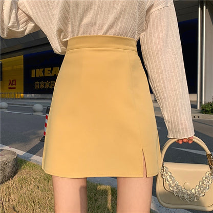 maoxiangshop Summer Women Mini Solid A-line Skirts Above Knee Simple Skirt With Linning Female Short Split Bottoms For Girls