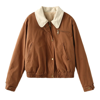 maoxiangshop  -  Autumn New Solid Zipper Jacket Women Chic Button Up Turndown Collar Cropped Jacket Streetwear Vintage Long Sleeve Outerwear 2024
