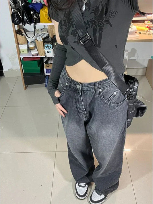 Vintage Black Baggy Jeans Women Korean Streetwear Oversize Harajuku High Waist Pants Grunge Y2K Denim Wide Leg Trousers