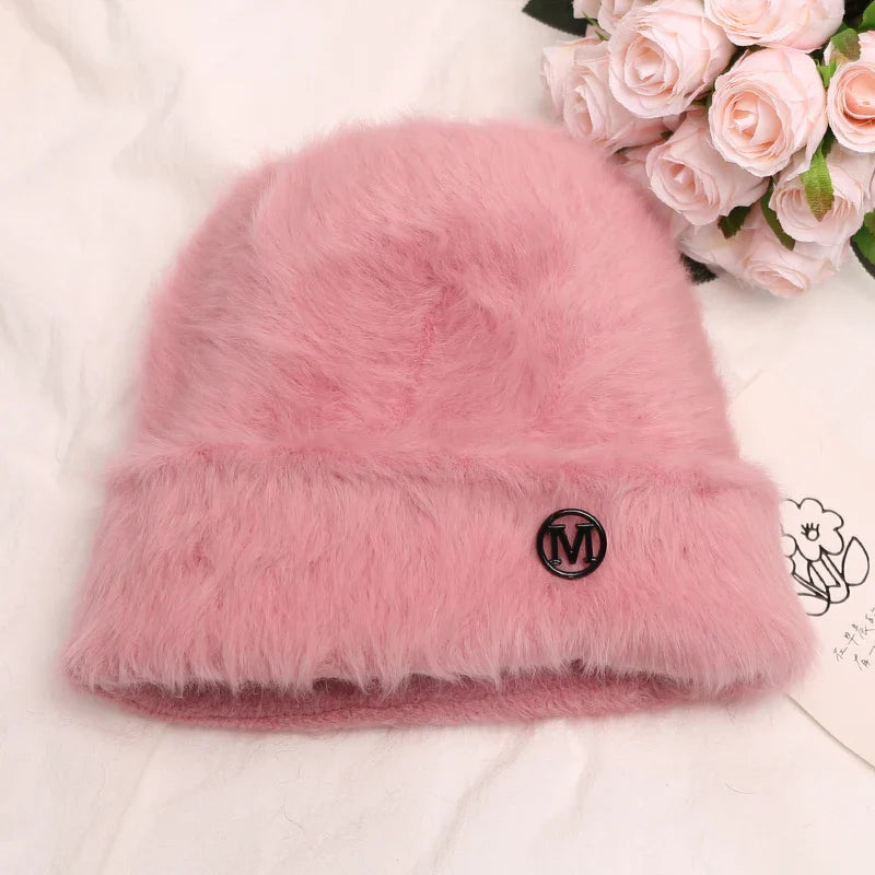 maoxiangshop New Fashion Rabbit Fur Y2k Beanies for Women Soft Warm Fluffy Angola Winter Hat Female Windproof Bonnet Hat Skullies Cap