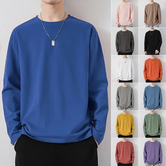 maoxiangshop New Klein Blue Long Sleeve T-shirt Men's Spring and Autumn New Solid Color Laydown Casual Top Coat Round Neck Underlay Shirt 5xl