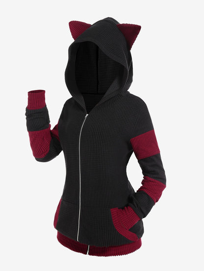 Cute Fall,Winter Women Colorblock Jacket Cat Ear Ribbed Hooded Warm Long Sleeve Zipper Coat 4XL Outwear Tops New Arrival