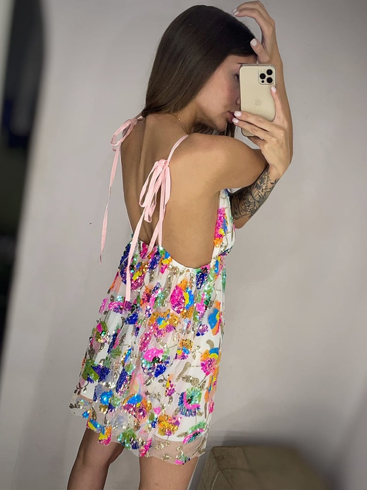 Sleeveless Floral Sequined Pink Sexy Party Dress Deep V Neck Backless Short Night Club Out Summer