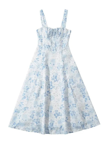 Chu Sau beauty 2024 Women Fashion Sweet Bow Tie French Midi Dress Cute Square Collar Sexy Slim Backless Split Straped Dresses