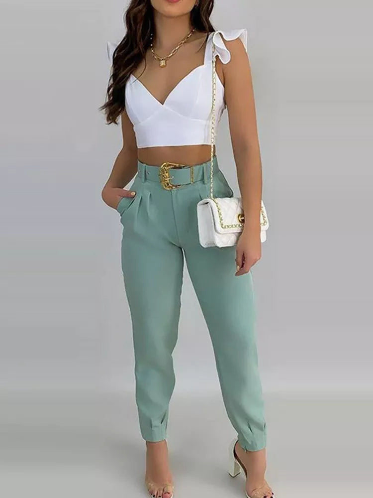 maoxiangshop Solid Ruffles Backless Knotted Crop Tops & Pocket Design Belted Pants Set Casual Women Two Piece Set Outfits