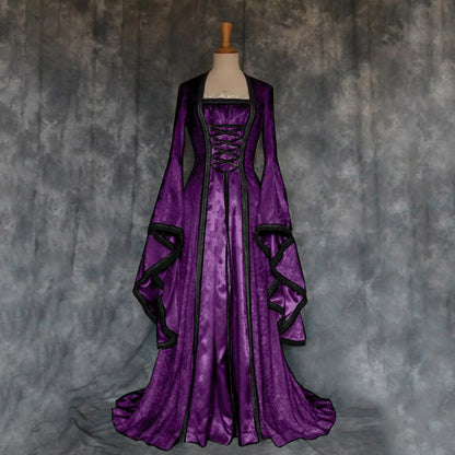 maoxiangshop  -   Gothic Victoria Medieval Vintage Costume For Halloween Cosplay Square Collar Long Batwing Sleeve Patchwork Lace-Up Long Dress
