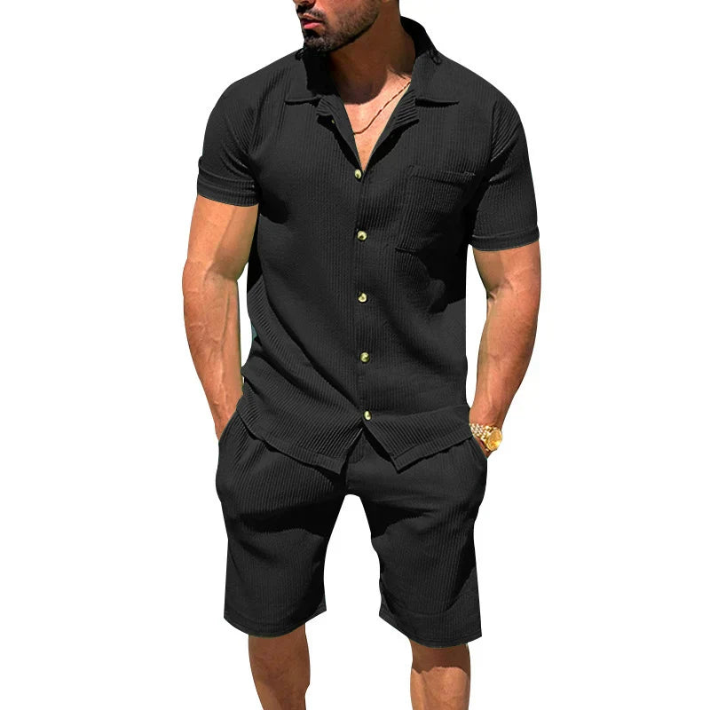maoxiangshop Solid Color Texture Shirts And Shorts Mens Two Piece Sets Summer Casual Short Sleeve Buttoned Lapel Shirt Outfits Men Streetwear