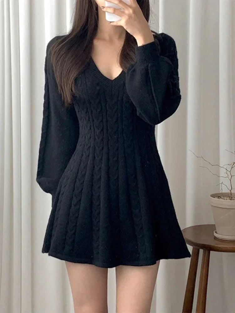 Twist Knitted Dress Women V Neck Lantern Sleeve Mini Female A-line Dresses 2024 Early Spring Solid All-match Lady Short Robe