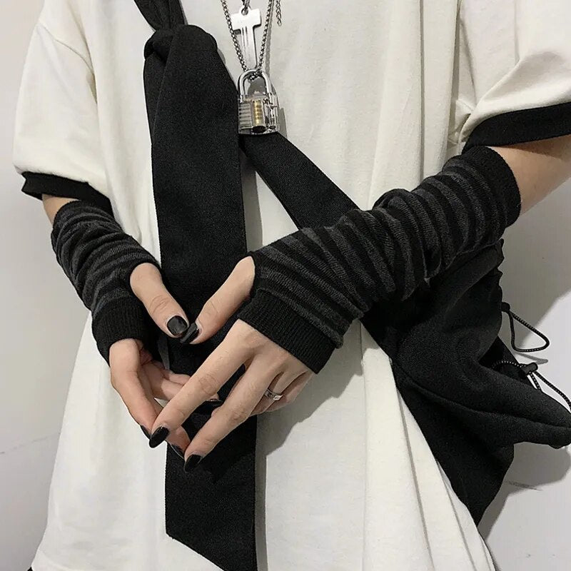 maoxiangshop Punk Long Sleeves Fingerless Gloves Cuff for Women Men Stripe Hip-Hop Knitted Elbow Mittens Elastic Winter Arm Warmer Outdoor