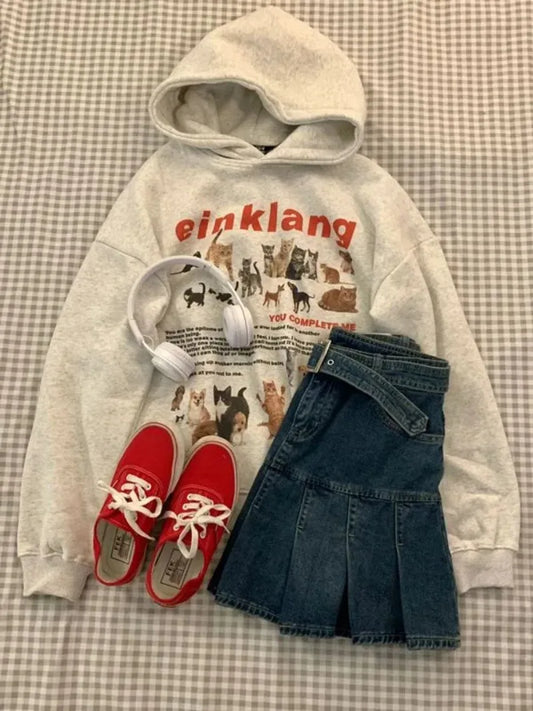 maoxiangshopCat Dog Print Sudadera Fleece Loose Animal Pullovers Hooded Thick Casual Tops High Street American Women Vintage Sweatshirt