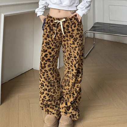 maoxiangshop  -  American Retro Leopard Print Plush Casual Pants Women Autumn Winter Streetwear Hot Girls Loose Warm Harajuku Y2K Pants