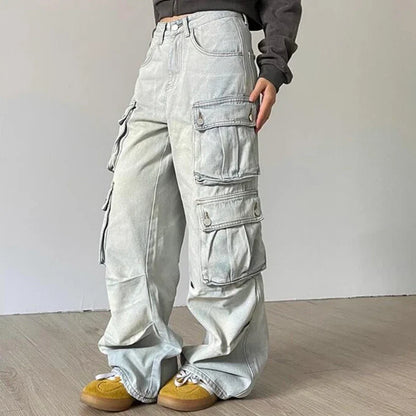 maoxiangshop Autumn Winter New Ladies Cargo Jeans American Street Style Baggy Cargo Pants Women Blue Multi-pocket Wide Leg Jeans for Women