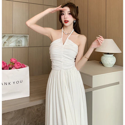 maoxiangshop Vintage White Long Dresses for Women Summer Elegant Chic Solid Sleeveless Casual Female Korean Slim Sexy Backless Sundress