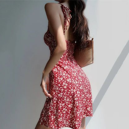 maoxiangshop Summer Red Floral Print Dress Women Elegant Chiffon Spaghetti Strap Dress Woman Sexy Beach Backless Ladies Dresses