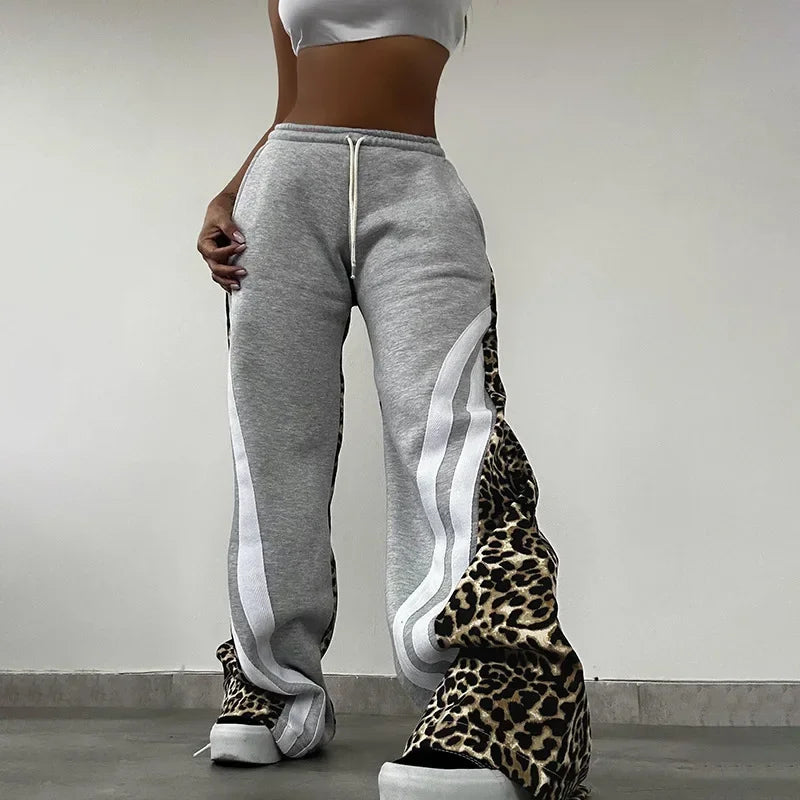 maoxiangshop  -  Stripe Leopard Patchwork Women Flare Pants 2024 Autumn Drawstring High Waist Loose Casual Streetwear Trousers Female Sweatpants