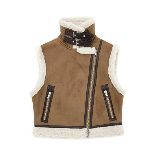 maoxiangshop  -  Brown Patchwork Pocket Fur Teddy Coats Autumn Sleeveless Thicken Covered Button Cardigan Vest 2023 Female Loose Street Waistcoat