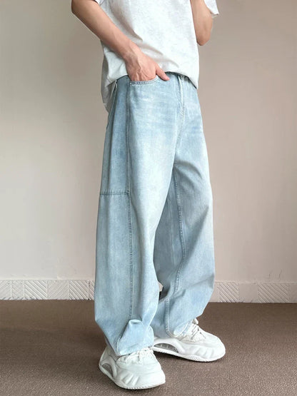 maoxiangshop Korean Fashion Men's Baggy Jeans Light Blue High Street Straight Wide Trousers Personalized Washed Y2k Pants Male