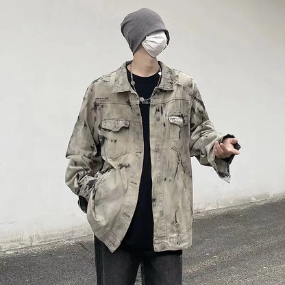 maoxiangshop Men Gray Tie-dye Denim Jackets Coats Loose Vintage Jeans Jackets New Autumn Hip Hop Denim Coats Outwear Casual Jeans Coats