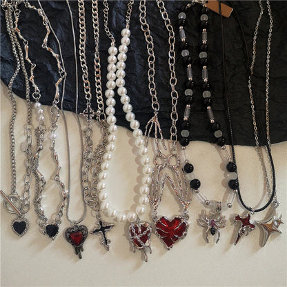 maoxiangshop Gothic Vintage Y2K Red Glass Heart Star Cross Pendant Pearl Bead Necklace For Women Men Aesthetic 90s Grunge Accessories Jewelry