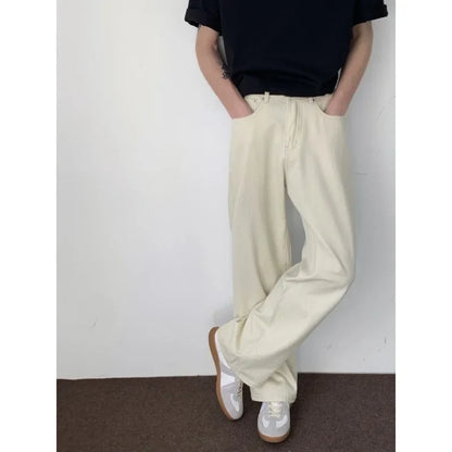 maoxiangshop Baggy Beige Jeans Men Fashion Casual Oversized Wide Leg Jeans Men Streetwear Korean Loose Straight Denim Pants Mens Trousers