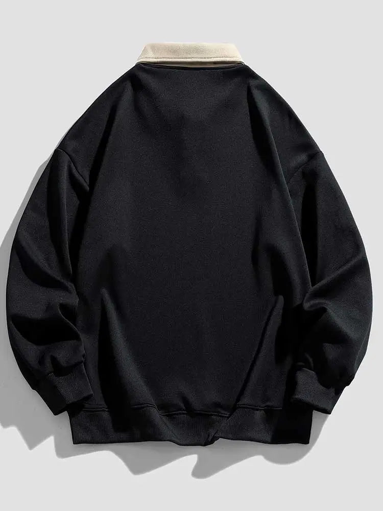 maoxiangshop Hoodie for Men Polo Collar Sweatshirt Colorblock Streetwear Pullover Unisex Fall Winter Jumper Old Money Aesthetic Sweats