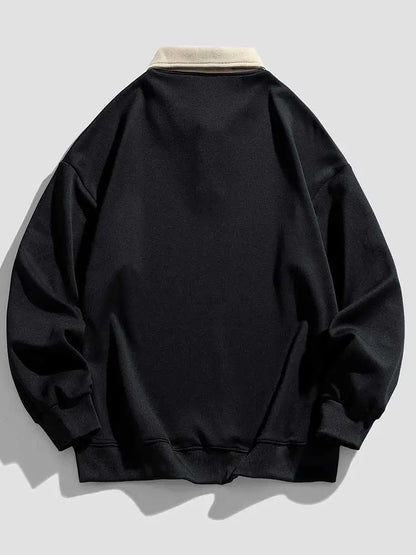 maoxiangshop Hoodie for Men Polo Collar Sweatshirt Colorblock Streetwear Pullover Unisex Fall Winter Jumper Old Money Aesthetic Sweats