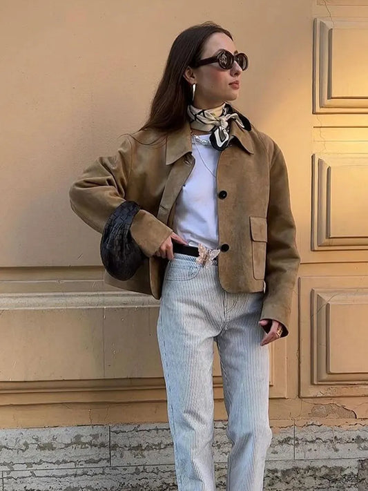 maoxiangshop  -  Autumn Chic Lapel Long Sleeve Cropped Coats Chic Single Breasted Solid Lady Leather Jacket Female High Street Outercoat Tops