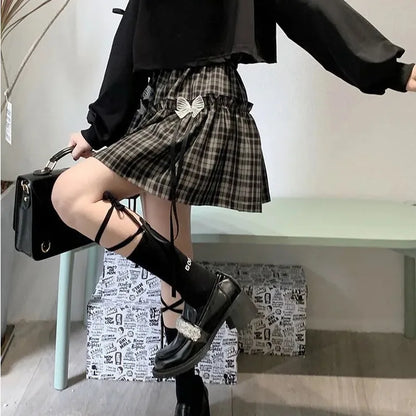 maoxiangshop Kawaii Gothic Lolita Plaid Skirt Women Goth Bow Black High Waist A-line Mini Skirts Japanese Style Harajuku Soft Girl