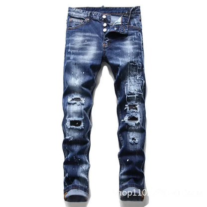 maoxiangshop Men Blue Denim Jeans Skinny Holes Jeans Italian Style Stretch Denim Pants High Quality Male Slim Fit Denim Trousers Size 42