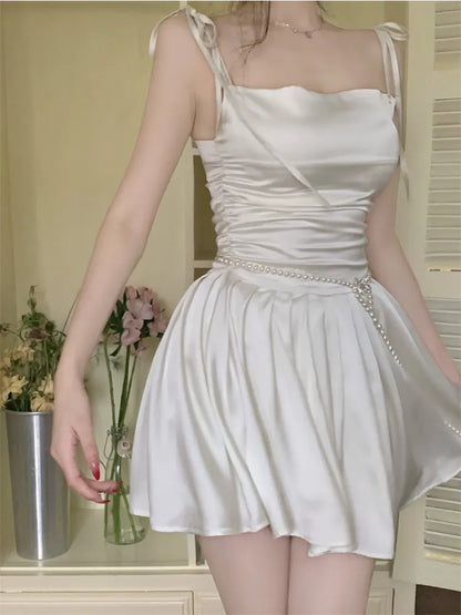 Korean Style One Piece White Satin Dress Women Y2k Fairycore Prom Gown Tunic Pleated Slip Mini Princess Dresses Summer