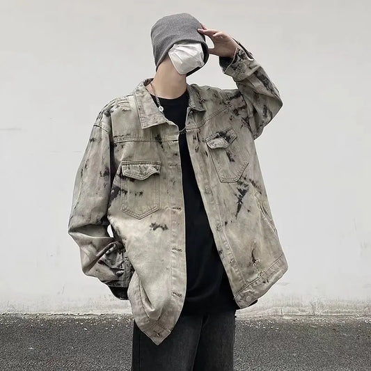maoxiangshop Men Gray Tie-dye Denim Jackets Coats Loose Vintage Jeans Jackets New Autumn Hip Hop Denim Coats Outwear Casual Jeans Coats