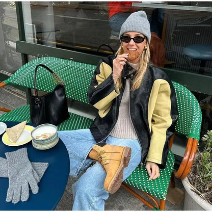 maoxiangshop  -  Leather Bomber Jackets Women O-neck Long Sleeve Zipper Contrast Locomotive Coat 2024 Autumn Lady New Vintage Outwear