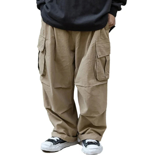 maoxiangshop Multi-Pocket Cargo Pants Mens Safari Style Solid Color Pleated Loose Straight-leg Pants Elastic Waist Casual Trousers Men