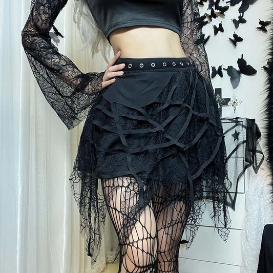 maoxiangshop Gothic Black Mesh Fringed Mini Skirt Women Spider Web Lace Irregular Dark Skirts Pleated Y2K Grunge Halloween Party Clothes