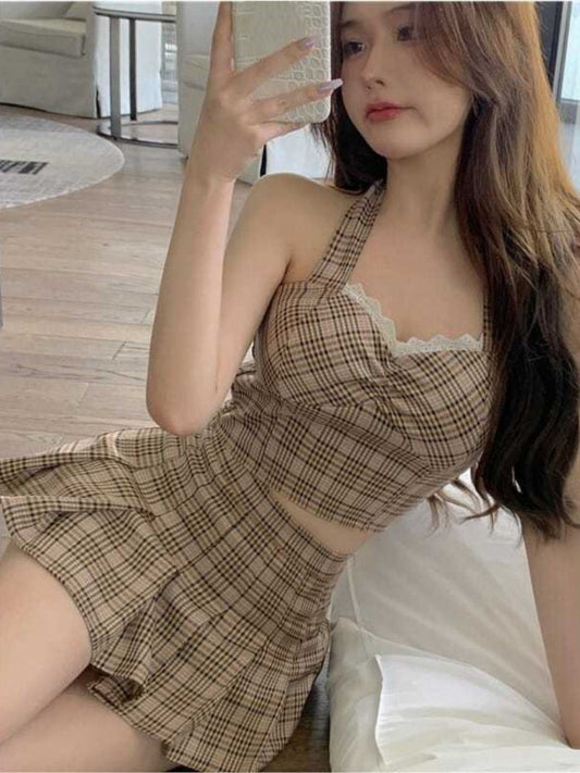 maoxiangshop Plaid Suit Women Camisole + Short Skirt Two-piece Sets Summer New Temperament Vintage Lace Patchwork Sleeveless Suit Trend