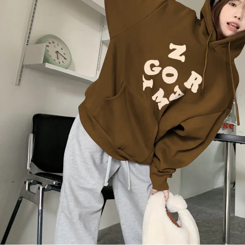 maoxiangshop Korean Autumn Winter Letter Print Hoodie Women Casual Long Sleeve Pullover Tops Hood Shirt Harajuku Oversize Sweatshirt Y2k 후드티