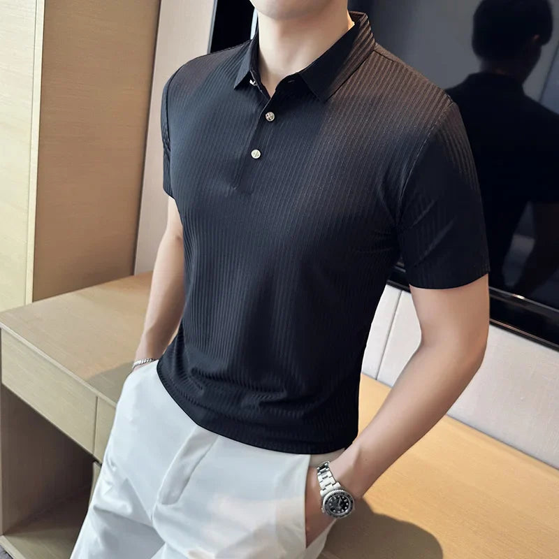 maoxiangshop Mens Short Sleeve POLO Shirt Summer Thin New High Elasticity Solid Color Casual Slim Fit Formal Dress Shirt Men Clothing