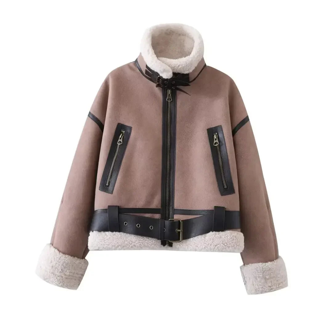maoxiangshop  -  Women Warm Faux Shearling Jacket Coat Lapel Bomber Jacket with Belt Metal Zip Thick Jacket Winter Female Outerwear