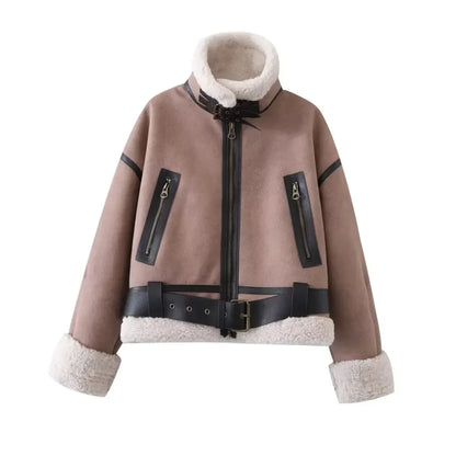 maoxiangshop  -  Women Warm Faux Shearling Jacket Coat Lapel Bomber Jacket with Belt Metal Zip Thick Jacket Winter Female Outerwear