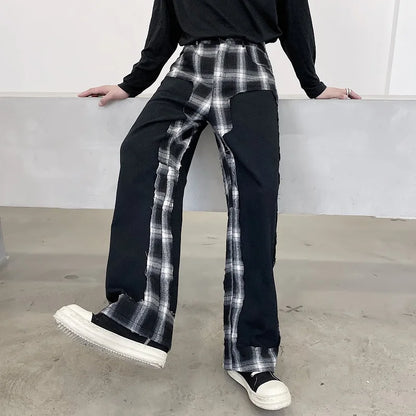 maoxiangshop 2024 Fashion Elegant Plaid Splicing Design Casual Pants Men's Trendy High Street Original Straight Tube Trousers