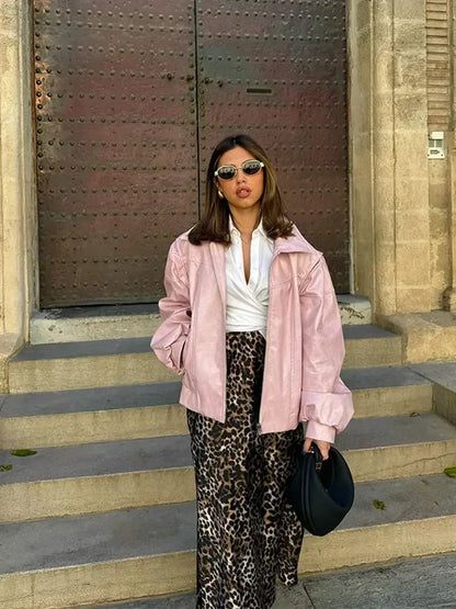 maoxiangshop  -  Chic Women Solid Pink Short Leather Jacket Elegant Lapel Lantern Long Sleeves Zipper Crop Coat Autumn Lady Commuting Outerwear