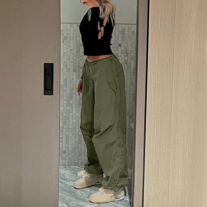 maoxiangshopWomen Y2K Cargo Pants Solid Low Waist Sweatpants Drawstring Wide Leg Baggy Trousers 2023 Summer Streetwear Punk Casual Tech Pant