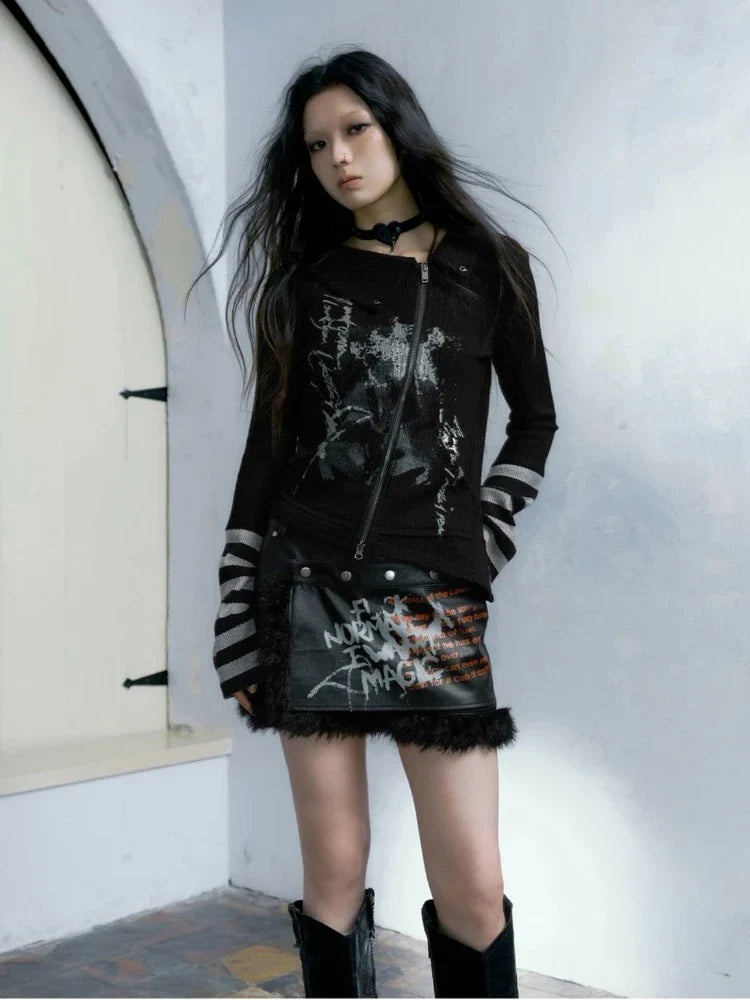 maoxiangshop Gothic Vintage Punk Hoodie Women American Retro Grunge Y2k Graphic Striped Patchwork Zipper Tees Tops Spring Chic