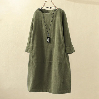 maoxiangshop Women Vintage Pockets Corduroy Solid Color Long Sleeve Loose Casual Dress vestido feminino party dresses Women's dress